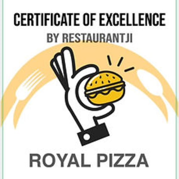 Certificate of Excellence for Royal Pizza, with a hand holding a burger icon.