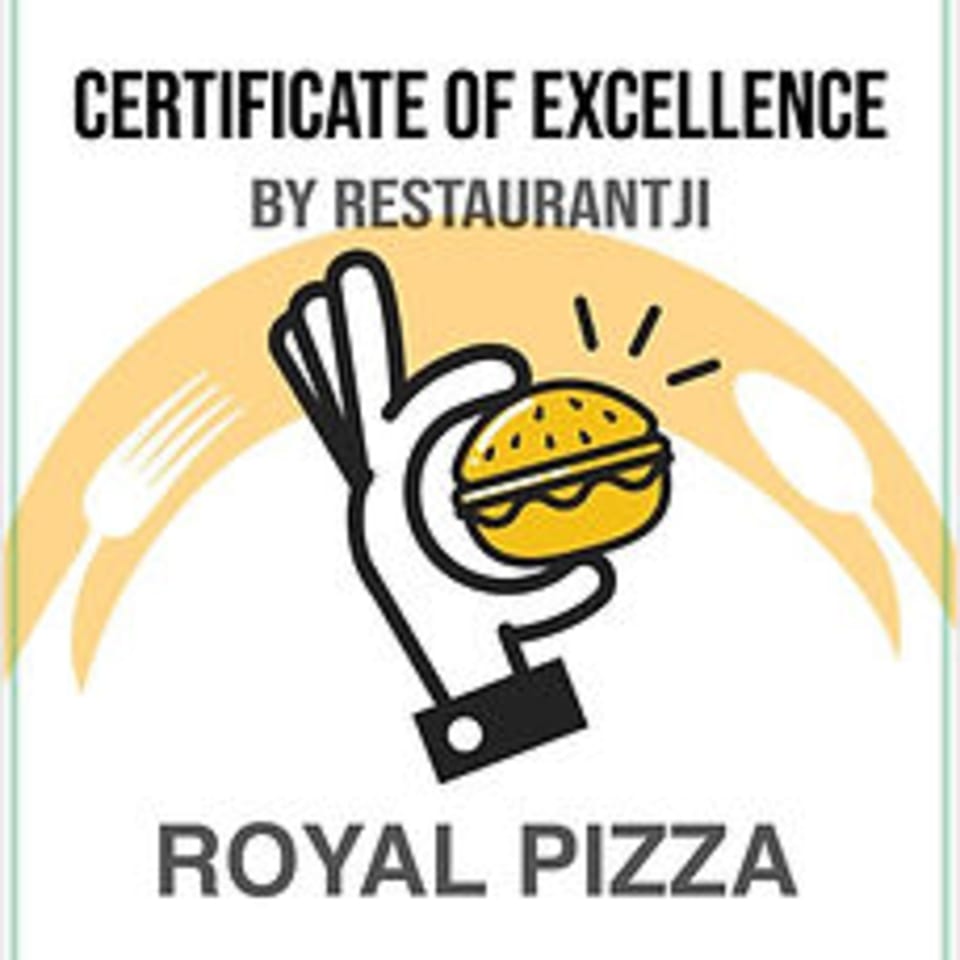 Certificate of Excellence for Royal Pizza, with a hand holding a burger icon.